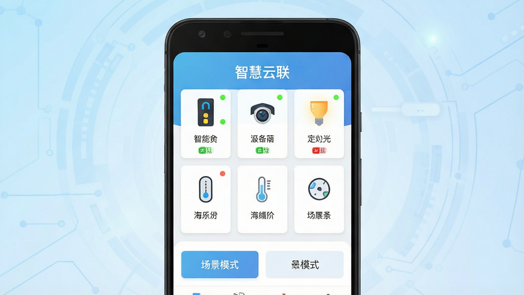 一张展示智慧云联软件核心全貌的竖版手机应用界面截图风格图片,画面中央是一部安卓手机,手机屏幕上显示智慧云联APP的首页控制面板,面板中包含智能门锁、摄像头、灯光、温湿度传感器等设备图标整齐排列,顶部有