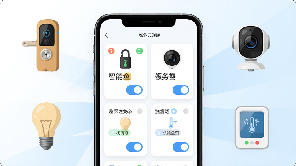 智慧云联APP的设备管理界面展示图,画面中一部手机屏幕显示多个智能设备卡片,包括智能门锁、摄像头、灯泡、温湿度计,每个卡片上有设备名称、状态标签和开关按钮,手机周围环绕着门锁、摄像头、灯泡等实物图标,背景为白色与淡蓝色渐变,风格为科技感扁平插画,布局为居中手机加环绕图标,细节清晰,画质高清、干净、无多余元素