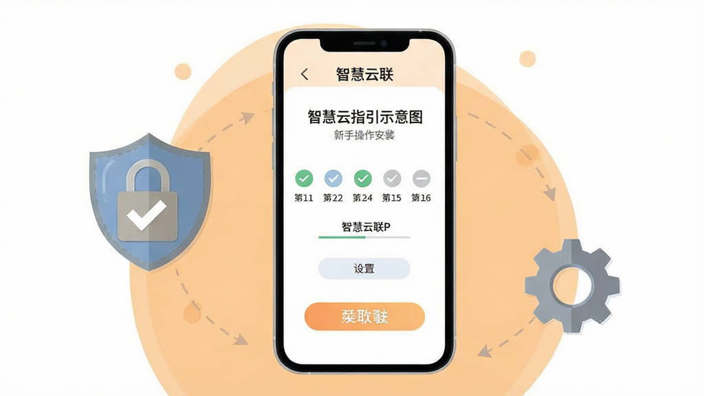 智慧云联APP新手操作指引示意图,画面中一部手机屏幕显示智慧云联的安装引导页面,页面中有步骤条和勾选图标,手机旁边有盾牌安全图标和齿轮设置图标,背景为浅橙色与白色搭配,风格为友好亲切的扁平化插画,布局为手机居中加辅助图标环绕,细节包括文字标签和按钮,画质高清、干净、无多余元素