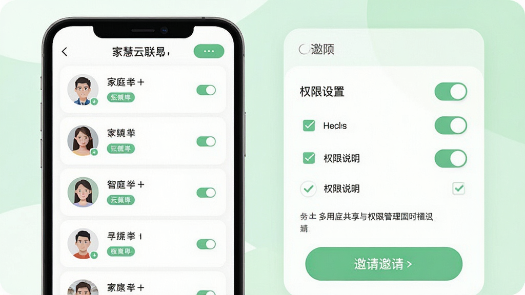 智慧云联APP的多用户共享与权限管理界面图,画面中手机屏幕显示家庭成员列表和权限设置选项,列表中有多个用户头像和角色标签,权限设置区域有开关按钮和勾选框,背景为白色与淡绿色搭配,风格为清新简约扁平化设计,布局为上下结构,细节包括邀请按钮和权限说明文字,画质高清、干净、无多余元素