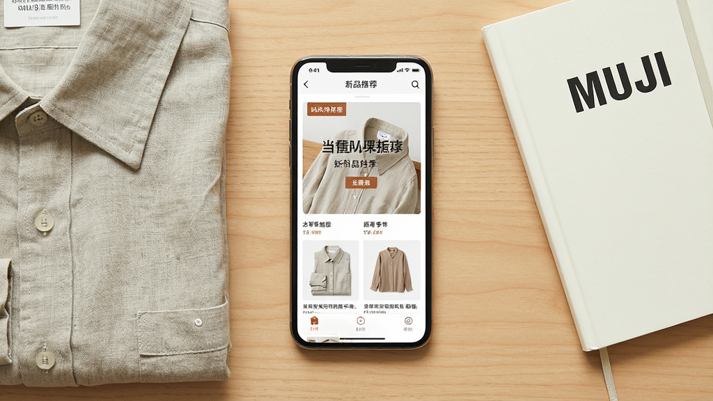 一张展示MUJI无印良品App新品推荐页面的图片,画面中心是一部手机,屏幕显示新品横幅海报和商品列表,海报上有简约的当季主题文字,手机背景是浅木色桌面,桌面上摆放着一件折好的汉麻衬衫和一本MUJI笔记本,布局采用平铺俯拍视角,风格为温暖自然的日式生活风,细节上强调新品标签与商品细节的清晰呈现,画质高清,画面干净,无多余元素。