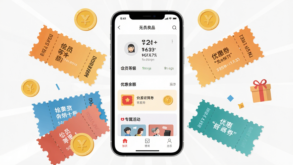 一张展示MUJI无印良品App会员中心页面的图片,画面主体是一部手机,屏幕显示会员等级、积分余额、优惠券列表和专属活动入口,手机周围环绕着优惠券图形、积分金币图标和礼物盒元素,布局采用中心放射状构图,风格为简洁现代的扁平化设计,细节上突出会员权益的视觉符号与界面层次,画质高清,画面干净,无多余元素。
