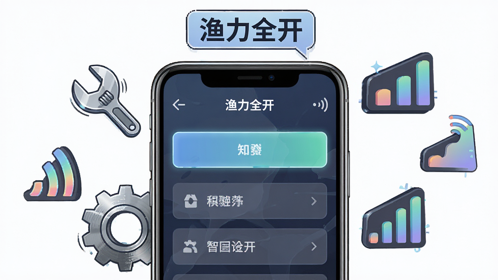 主体为一部智能手机屏幕特写,屏幕上显示渔力全开的游戏设置界面,旁边漂浮着扳手、齿轮、信号图标等元素,布局为居中构图,手机位于画面正中央,周围环绕各种工具图标,排版清晰有序,风格为扁平化科技插画风格,细节包含手机边框的高光、屏幕内选项的高亮状态、齿轮的金属纹理、信号图标的渐变色彩,画质为4K超高清,画面干净,无多余元素,手机上方悬浮