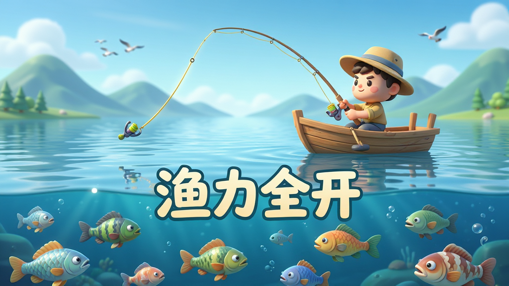主体为一片宁静的湖泊与远山,近处有一艘木质小船,船上坐着一位卡通风格的钓手正在抛竿,空中划过一道金色的鱼线,水面下有各种不同种类的鱼儿游动,布局采用中心构图,画面分为天空、水面、水下三层,排版简洁明快,风格为清新治愈的3D卡通渲染,细节包含水面的波纹反光、鱼鳞的闪烁、钓手专注的表情、远处的飞鸟,画质为4K超高清,画面干净,无多余元素,图片中央用艺术字体写着