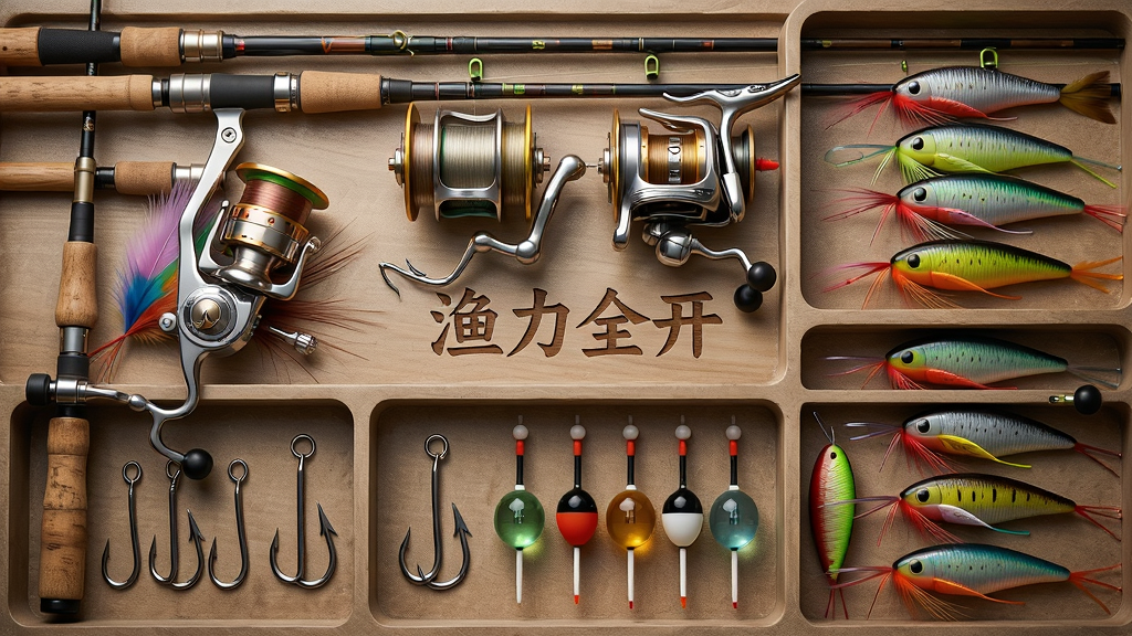 主体为一个摆满各种精美渔具的工作台,布局采用俯视平铺构图,排版按照鱼竿、线轮、鱼钩、浮漂、各色假饵分区域整齐排列,风格为写实静物摄影风格,细节包含金属配件的冷冽光泽、木质手柄的纹理、羽毛假饵的细腻绒毛、玻璃浮漂的通透质感,画质为超高清微距摄影,画面干净,无多余元素,工作台中央刻有