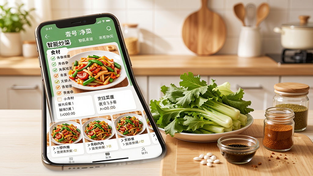 Ҽ�ž���APP���ܲ����Ƽ�����չʾͼ���ֻ���Ļ��ʾһ���ཷ����˿��ͼ�Ĳ��ף�����ʳ���嵥������ͼƬ�����ʱ�䣬�ֻ��԰ڷ��Ŷ�Ӧ����ʳ�����ζ�ϣ�����Ϊ��ܰ��ͥ���������ֲ����ֻ���ʳ�ĶԽǹ�ͼ�����Ϊ��ʳ��Ӱ��UIչʾ��ϣ�ϸ�ڰ������ײ������֡�ʳ��ɫ�󡢳����þߣ����ʸ��塢����ɾ����޶���Ԫ��