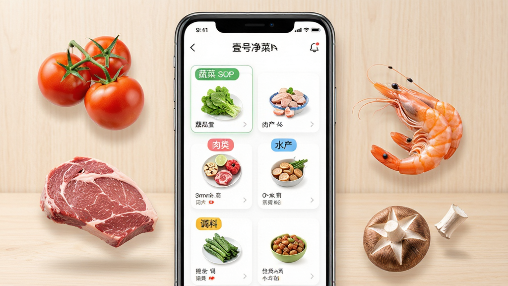Ҽ�ž���APP��Ʒ����ҳ��չʾͼ����������Ϊ�ֻ���Ļ����Ļ������չʾ�߲ˡ����ࡢˮ�������ϵȷ����ǩ���Ӧ��Ʒ����ͼ���ֻ���������չʾ����ʳ��ʵ���緬�ѡ�ţ�⡢Ϻ�ʡ��㹽�ȣ�����Ϊǳɫľ�����棬���ֲ������ҶԳ������Ű棬���Ϊ����UIչʾ��ʵ���ϣ�ϸ�ڰ���ʳ�������������ֻ�����ͼ�ꡢ�������֣����ʸ��塢����ɾ����޶���Ԫ��