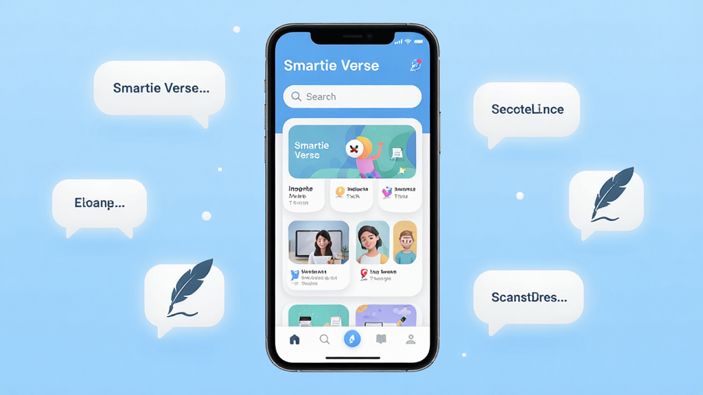 ��������һ�������ֻ�����Ļ��ʾ��Smartie Verse��Ӧ�������棬���沼�ּ�࣬�Ϸ�Ϊ���������м�Ϊ��Ƭʽ����б����ײ�Ϊ������������Ϊǳ��ɫ���䣬��ΧƯ���ŷ�����������ݺ���ë��ͼ�ꡣ���Ϊ�ִ���ƽ��UIչʾ��ϸ�����������ʸɾ����޶���Ԫ�ء�