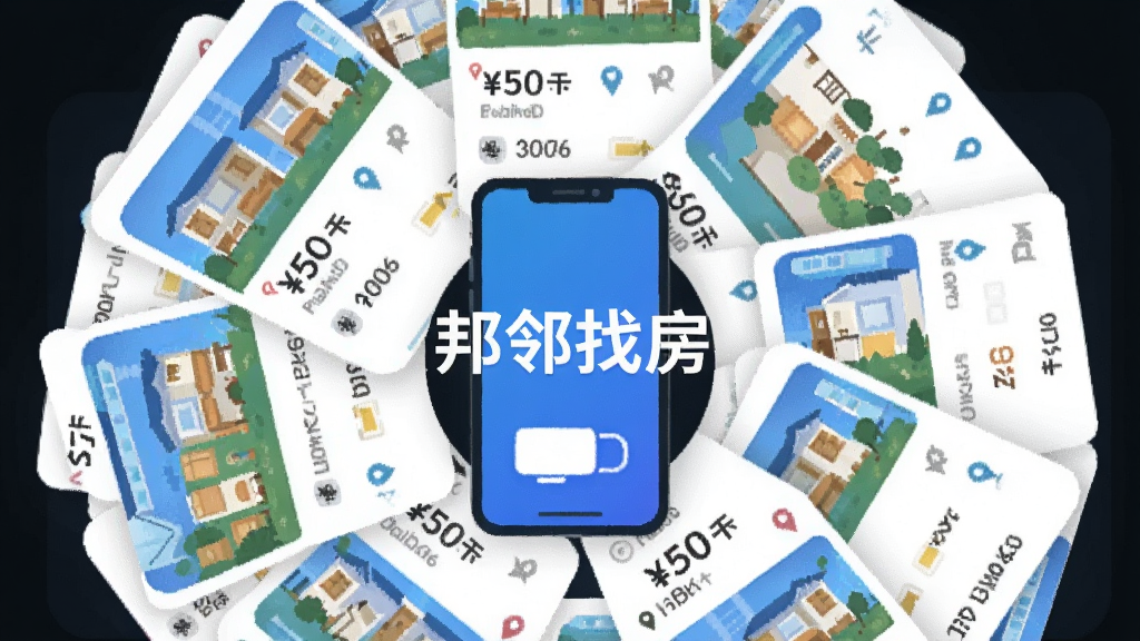 一幅AI生成的概念插图,画面主体为邦邻找房应用中的房源信息卡片堆叠效果,布局采用居中放射状排列,排版将多张房源卡片围绕中心手机图标展开,风格为科技感扁平插画,细节包括卡片上的价格数字、户型图标、定位标记等元素,画面中醒目显示文字