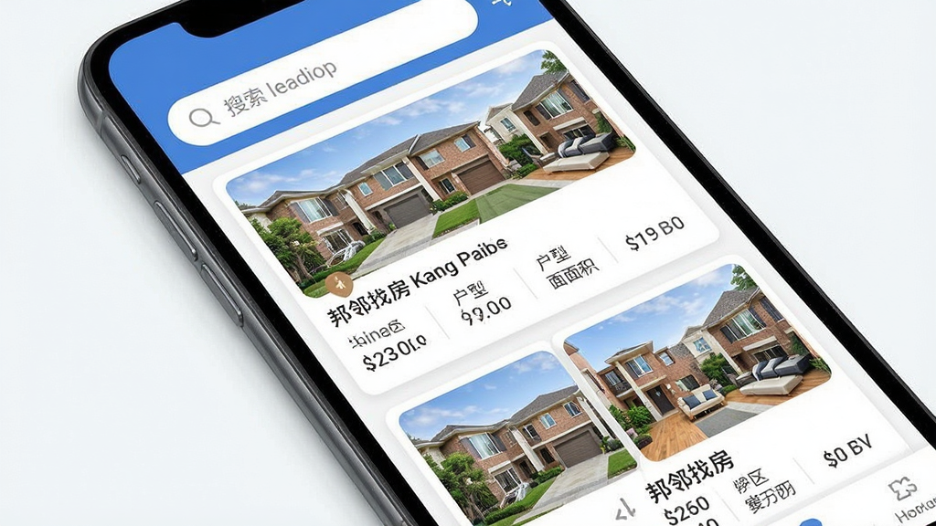 一张手机应用界面展示图,主体是一部竖屏智能手机,屏幕上显示邦邻找房APP的房源列表页面,布局为顶部搜索栏加下方卡片式房源信息流,排版简洁清晰,风格为现代扁平化UI设计,细节包括房源缩略图、价格标签、小区名称、户型面积等元素,画面干净明亮,画质高清,无多余装饰元素