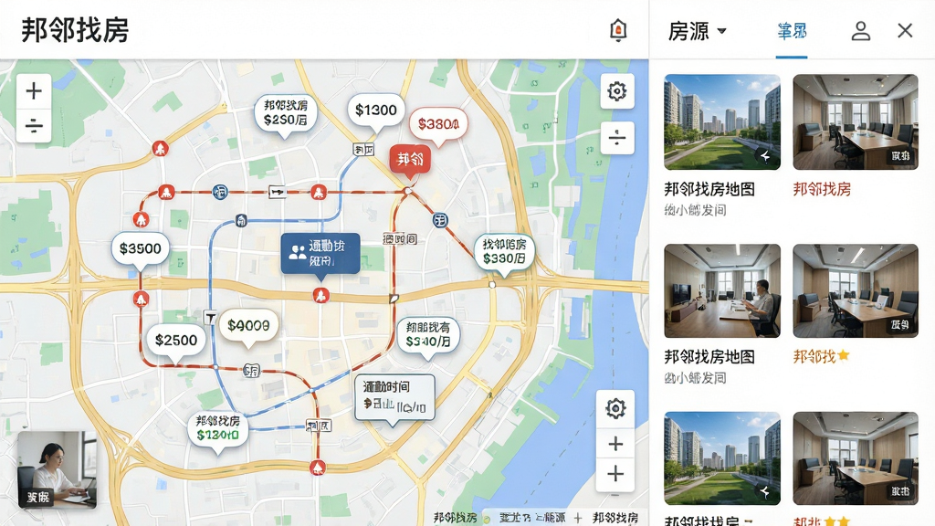 一幅AI生成的场景化插图,画面主体为邦邻找房地图找房功能界面,布局为左侧地图区域右侧房源列表面板,排版采用左右分栏结构,风格为写实UI风格,细节包括地图上的房源价格气泡、地铁线路标识、通勤时间提示框等元素,画面中清晰显示文字
