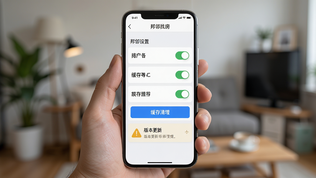 一幅AI生成的手机操作场景图,画面主体为一只手拿着智能手机,屏幕上显示邦邻找房应用设置页面,布局为手机居中、背景虚化处理,排版突出手机屏幕内容,风格为写实摄影风,细节包括权限开关、缓存清理按钮、版本更新提示等元素,画面干净无杂物,画质高清