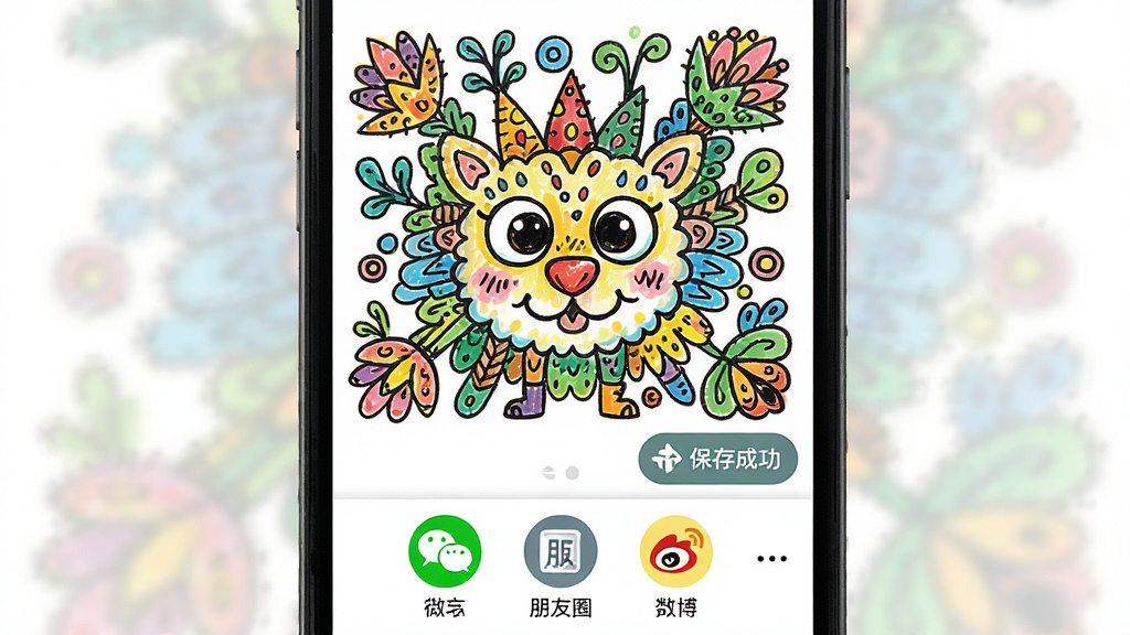 һ��չʾСͿ����Ʒ���������ͼƬ�������������ֻ���Ļ����Ļ����ʾһ������ɵĶ��Ϳɫ��Ʒ�͵ײ��ķ�����ť��������΢�š�����Ȧ��΢����ͼ�꣬���ֲ��ô�ֱ���й�ͼ�����Ϊ�����罻�磬ϸ�ڰ�����Ʒ���½ǵı���ɹ���ʾ��ǩ�����ʸ��壬�ɾ����޶���Ԫ��