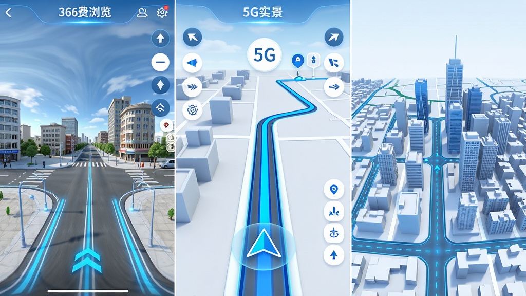 免费全景5G地图功能展示图,画面分为三个区域,左侧展示360度全景街景浏览界面,中间展示5G实景导航路线,右侧展示3D立体城市地图,布局采用三栏并列排版,风格为清新科技风,细节包括蓝色与白色主色调、发光道路、建筑立体模型、导航箭头,画质高清,画面干净,无多余元素
