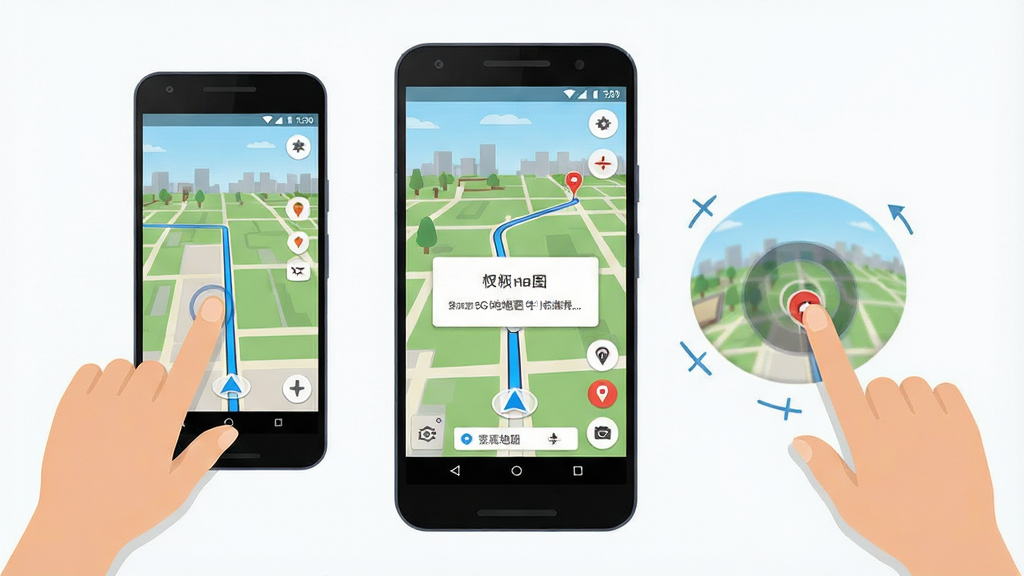 免费全景5G地图手机操作示意图,画面展示一部安卓手机,屏幕上显示全景地图导航界面,旁边有手指点击屏幕、滑动旋转视角的动作示意,布局采用手机居中、操作手势环绕的构图,风格为简洁明快的扁平插画,细节包括蓝色导航路线、定位图标、权限设置弹窗,画质高清,画面干净,无多余元素