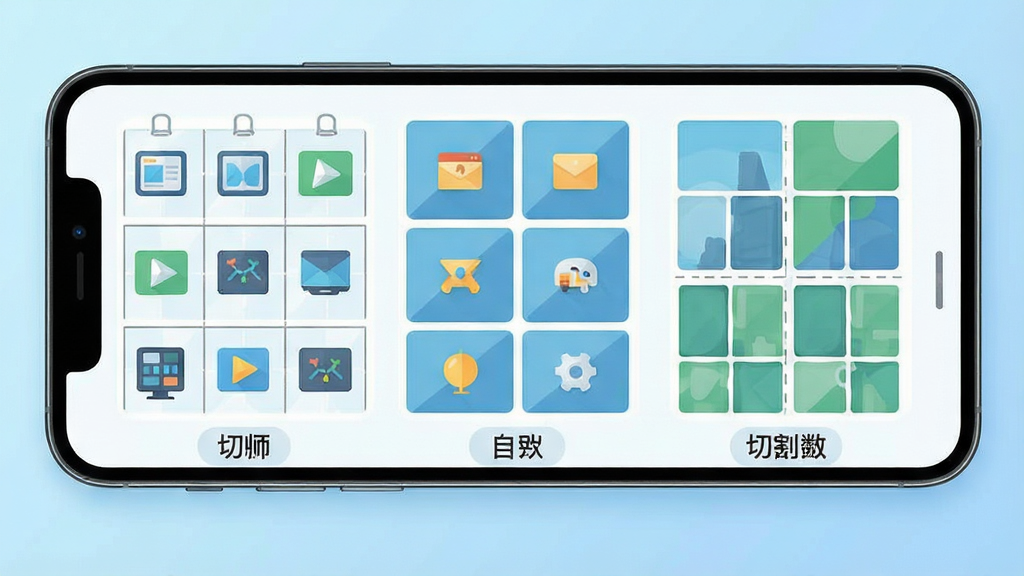 一张展示九宫格切图大师多规格切割模式的示意图,画面主体为一块手机屏幕,屏幕内并排展示九宫格、六宫格、四宫格三种切割布局的缩略图,每种布局下方标注对应名称,背景为浅蓝色渐变,风格为清新简洁的扁平化设计,细节包括网格线条、图标边框、文字标签,画质清晰干净,无多余元素