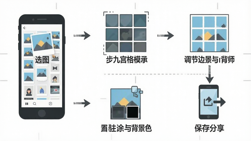一张展示九宫格切图大师使用步骤的流程图,画面分为四个步骤,第一步为手机相册选图,第二步为选择九宫格模式,第三步为调节边距与背景色,第四步为保存分享,每个步骤配有简洁图标和文字说明,背景为白色,风格为扁平化信息图,细节包括箭头连接、图标线条、文字排版,画质清晰干净,无多余元素