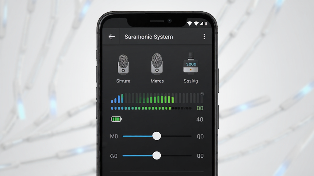 一张展示 Saramonic System 软件界面的手机效果图,主体为安卓手机屏幕,屏幕内显示无线麦克风设备连接状态与音频参数调节面板,布局居中,背景为浅灰色渐变,风格简洁科技感,细节包含设备图标、信号强度条、电量显示、参数滑块,画质高清,干净,无多余元素