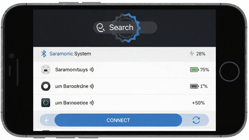 一张 Saramonic System 设备配对界面示意图,主体为手机屏幕显示蓝牙搜索列表,列表中有多个 Saramonic 设备名称,布局为上下结构,顶部为搜索动画,中部为设备列表,底部为连接按钮,风格扁平化设计,细节包含信号图标、电量百分比、刷新按钮,画质高清,干净,无多余元素