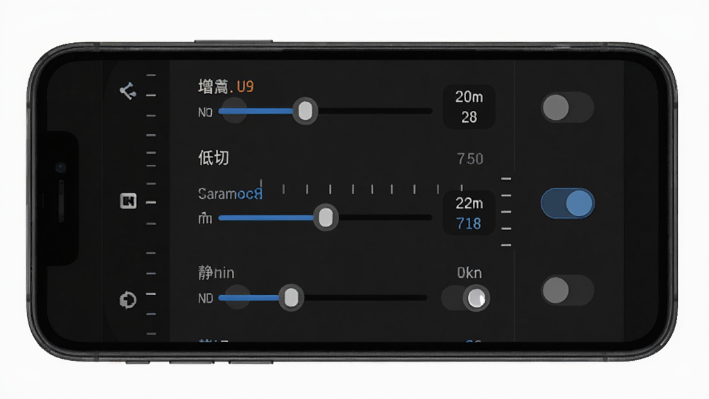 一张 Saramonic System 音频参数调节界面示意图,主体为手机屏幕显示增益、低切、静音等滑块与数值,布局为纵向排列,风格深色模式科技感,细节包含刻度线、数值标签、开关按钮,画质高清,干净,无多余元素