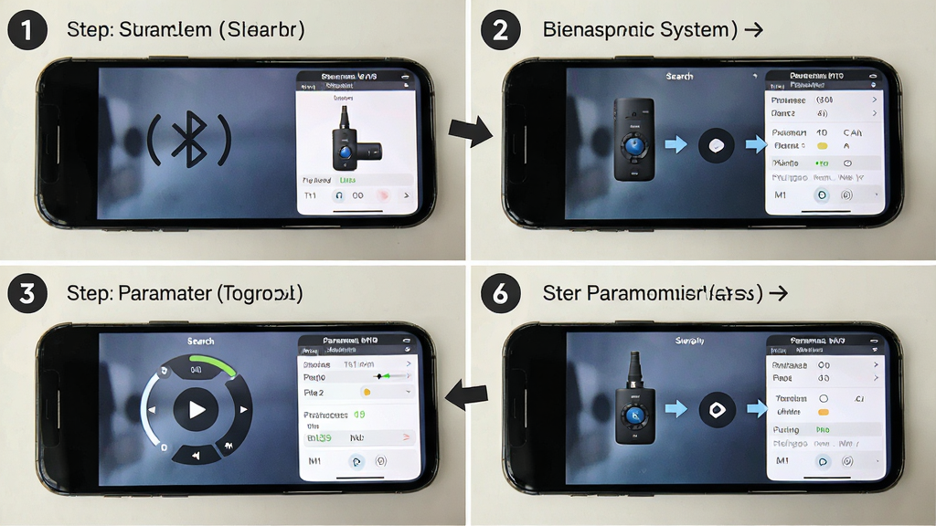 一张 Saramonic System 操作流程示意图,主体为手机屏幕显示从蓝牙搜索到参数调节的完整步骤,布局为四格分镜排列,风格教程图解,细节包含箭头引导、步骤编号、设备图标、参数面板,画质高清,干净,无多余元素