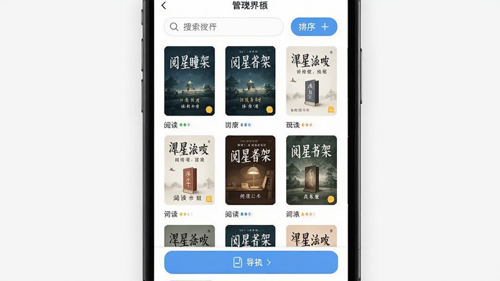 阅星书架管理界面,画面展示手机屏幕上整齐排列的电子书封面网格,每本书显示书名和作者,顶部有搜索框和排序按钮,底部有导入按钮,布局采用九宫格样式,风格清爽明亮,细节包括不同格式的书籍图标和阅读进度标记,画质清晰,干净无多余元素