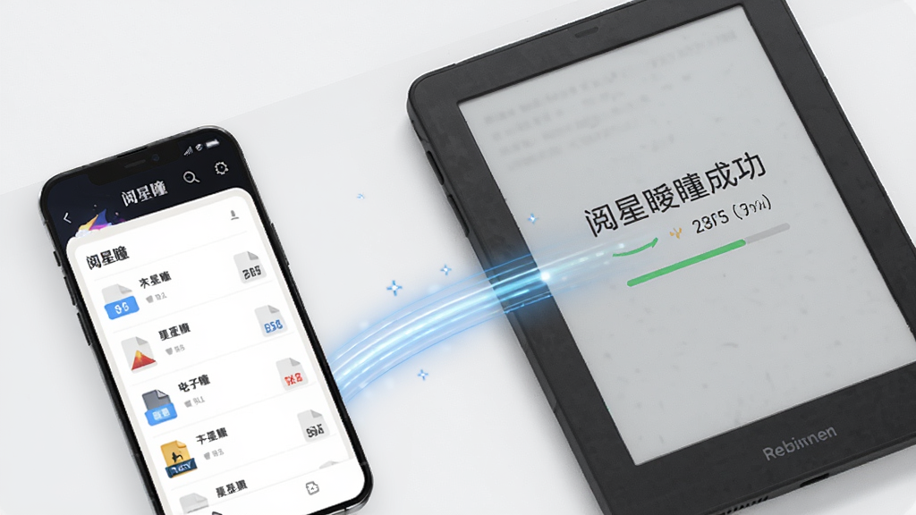 阅星网络传书功能界面,画面展示一部手机正在向墨水屏设备发送电子书文件,传输路径用光效线条表示,手机屏幕上有“阅星”字样和文件列表,墨水屏显示接收成功提示,布局采用对角线构图,风格现代简约,细节包括文件格式图标和传输速度显示,画质高清,干净无杂乱元素