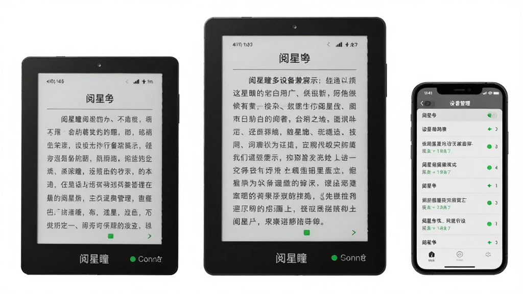 阅星多设备兼容展示,画面中排列着三台不同尺寸的墨水屏设备,屏幕均显示阅星阅读界面,旁边有一部手机显示设备管理列表,布局采用横向排列,风格统一整洁,细节包括各设备型号标识和连接状态,画质清晰,干净无多余元素