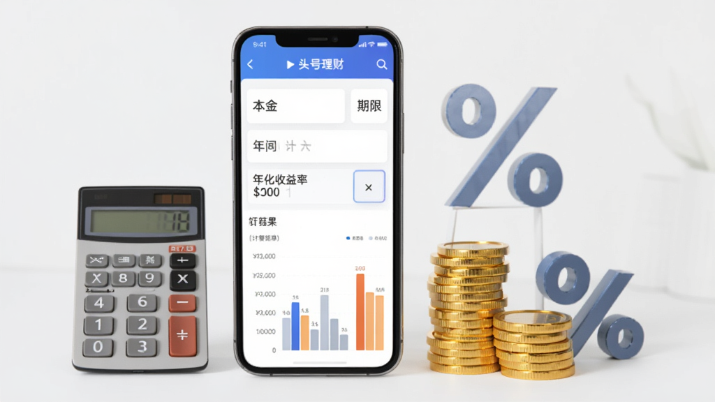 一个收益计算器功能展示图,画面中一部手机显示