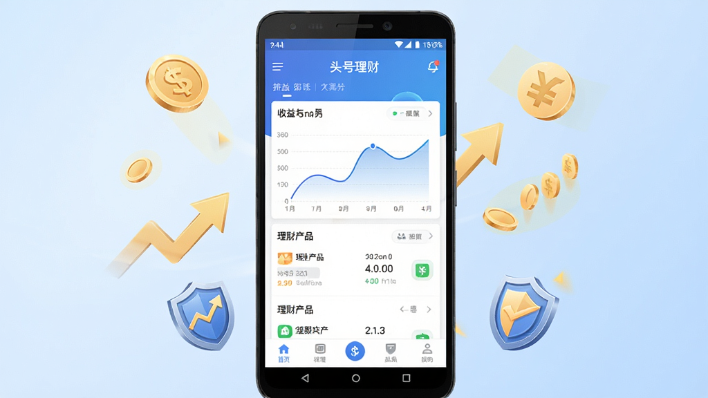 一个简洁现代的金融理财类手机应用界面展示图,画面中央是一部安卓手机,手机屏幕上显示
