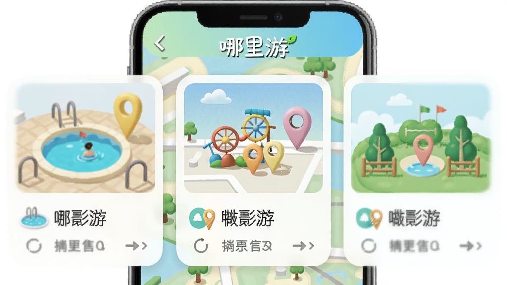 一张AI生成的插画,画面主体是手机屏幕显示地图上多个游玩地点标记,屏幕上方有