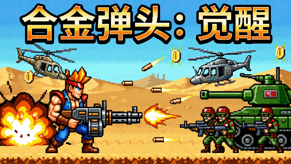 画面中央展示经典横版射击场景,主角马可手持重机枪站在画面左侧,右侧是叛军士兵与坦克,背景为沙漠战场与坠毁直升机,画面顶部用醒目字体写