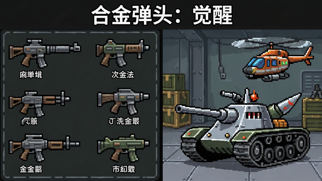 武器与载具展示图,画面左侧排列多种像素武器图标,右侧展示合金弹头战车与直升机,背景为军火库风格,顶部写