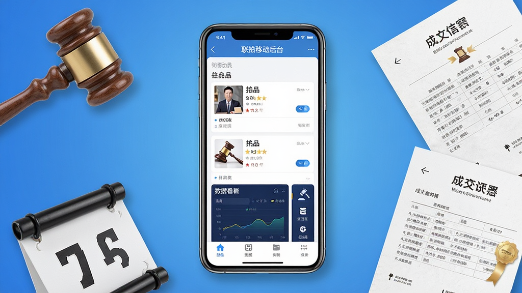 软件全貌展示图,画面中央放置一部智能手机,手机屏幕上显示“联拍移动后台”应用主界面,界面中包含拍品列表、数据看板与功能菜单图标,手机周围环绕拍卖槌、号牌、成交确认书等元素,背景为简洁的蓝色渐变,整体风格商务专业,构图居中,细节清晰,画质干净,无多余元素