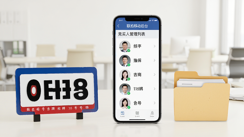 手机屏幕显示“联拍移动后台”竞买人管理列表,界面中有联系人头像、姓名与号牌信息,手机旁有号牌道具与文件夹,背景为浅色办公环境,布局整齐,风格专业,细节清晰,画质干净,无多余元素