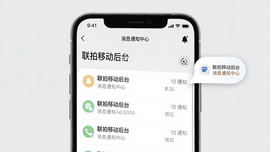 手机屏幕显示“联拍移动后台”消息通知中心,界面中有通知列表与铃铛图标,手机旁有提示气泡元素,背景为浅灰色,主体突出,风格清新简约,细节清晰,画质干净,无多余元素
