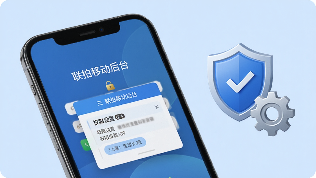 手机屏幕显示“联拍移动后台”登录界面与权限设置弹窗,手机旁有盾牌安全图标与设置齿轮元素,背景为浅蓝色,布局简洁,风格安全可靠,细节清晰,画质干净,无多余元素
