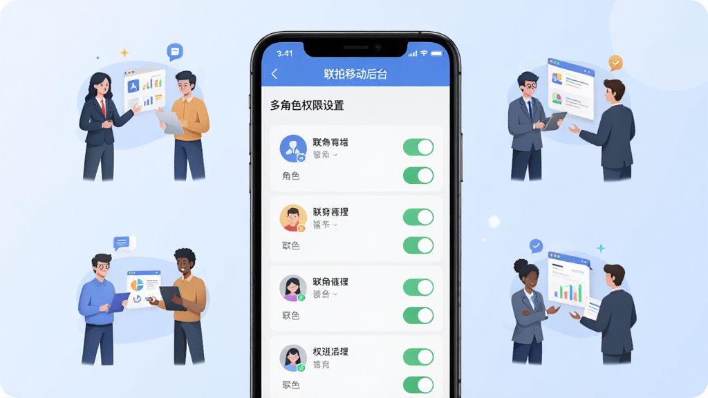手机屏幕展示“联拍移动后台”多角色权限设置界面,界面中有角色图标与权限开关,手机周围有团队协作插画元素,背景为淡蓝色渐变,布局居中,风格简洁商务,细节丰富,画质干净,无多余元素