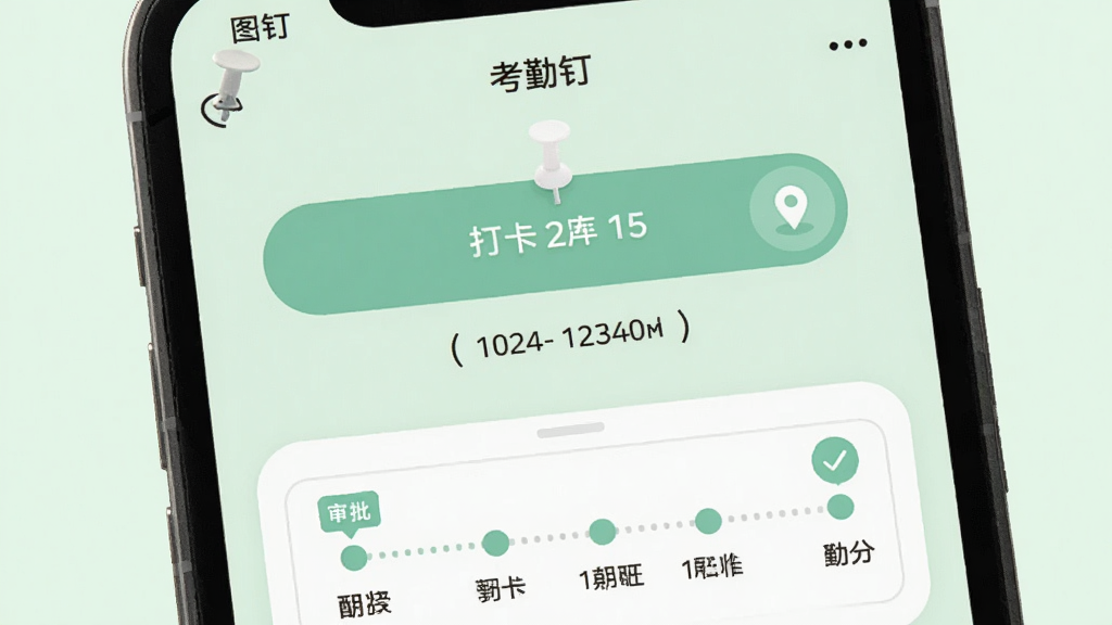 画面展示“图钉”应用中的考勤打卡界面,手机屏幕上显示打卡按钮、时间信息和定位图标,下方有审批流程的时间轴图示。背景为淡绿色,风格清新浅色,布局清晰,细节到位,画质干净,无多余元素。