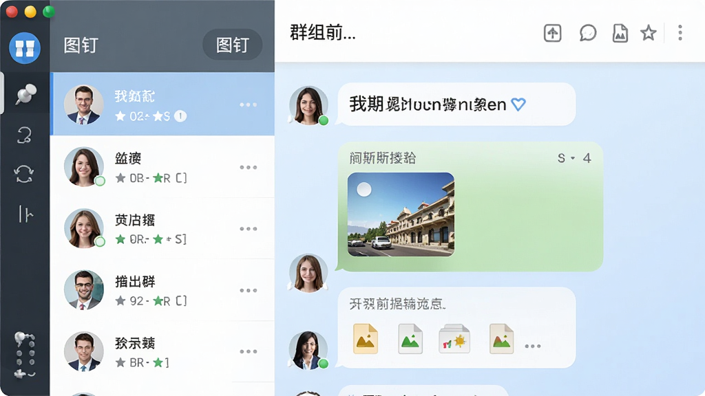 画面主体为“图钉”软件中的群组聊天界面,左侧为联系人列表,右侧为对话窗口,对话气泡中包含文字、图片和文件附件图标。背景为淡蓝色渐变,整体风格简洁商务,布局清晰,细节精致,画质干净,无多余元素。