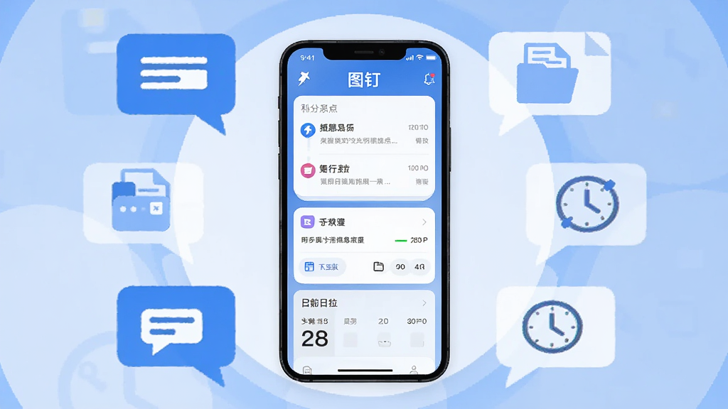 画面中央展示一部智能手机,手机屏幕上显示“图钉”应用的主界面,界面中有消息列表、任务卡片和日程模块。手机周围环绕着图标化的沟通气泡、文件图标和时钟符号,形成环形布局。整体采用扁平化科技风格,主色调为蓝色与白色,细节清晰,画质干净,无多余元素,适合软件下载站展示。