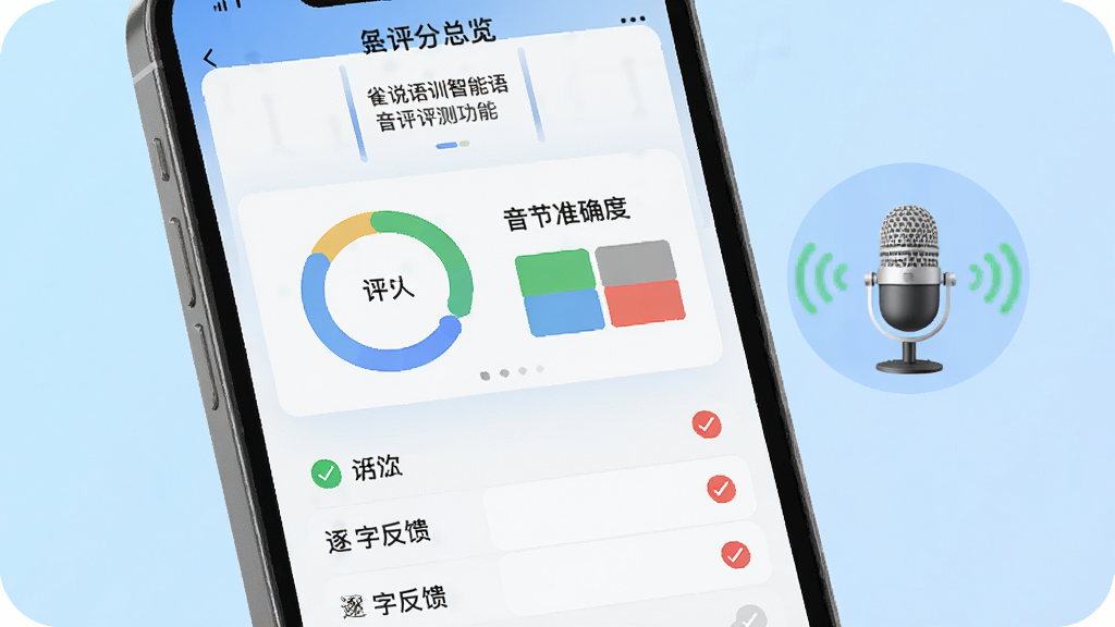 雀说语训智能语音评测功能界面,手机屏幕显示发音评分环形图与音节准确度色块,旁边有麦克风正在收音的动画效果,背景为浅蓝色渐变,布局采用上下结构,上方为评分总览下方为逐字反馈列表,风格为简洁教育科技风,细节包含绿色对勾与红色提示标记,画质清晰,干净,无多余元素