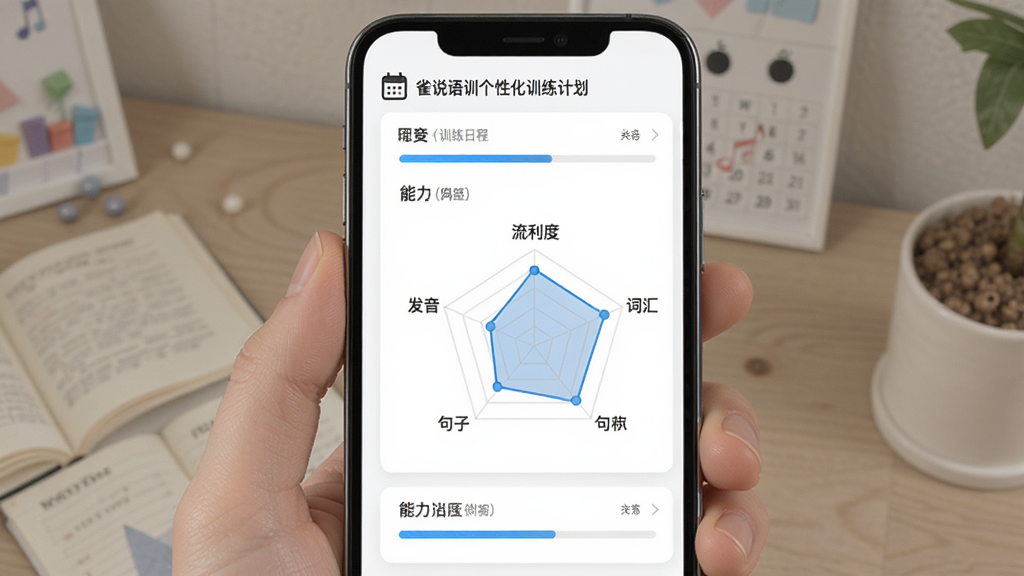 雀说语训个性化训练计划页面,手机屏幕展示一周训练日程表与能力雷达图,雷达图覆盖发音、词汇、句子、流利度等维度,背景为白色卡片式布局,风格为清新简约风,细节包含日历图标与进度条,画质高清,干净,无多余元素
