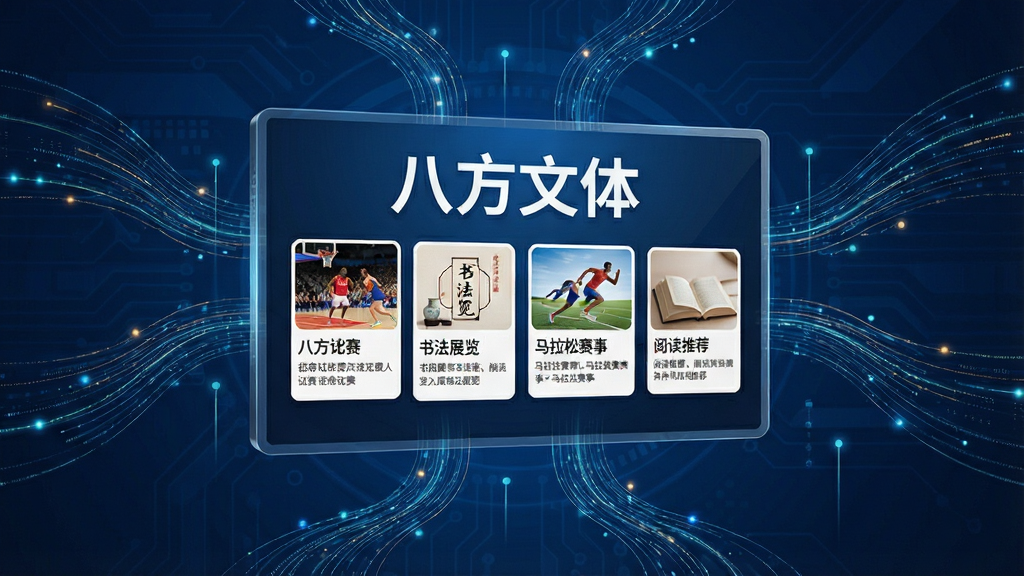 一幅以八方文体为主题的资讯聚合概念图,画面主体是一块悬浮在空中的大屏幕,屏幕上显示“八方文体”标题和多个资讯卡片,卡片内容分别为篮球比赛、书法展览、马拉松赛事和阅读推荐,屏幕四周有光线流动的数据线条连接,背景为深蓝色科技感氛围,布局采用中心放射式构图,风格现代科技感强,细节精致,画质高清,干净无多余元素