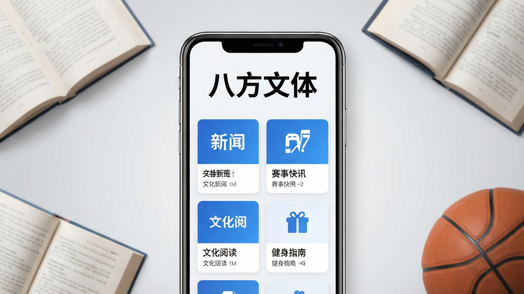 一幅展示手机屏幕中八方文体应用主界面的场景图,画面中央是一部竖屏智能手机,手机屏幕内显示八方文体APP首页,顶部有“八方文体”四个大字,下方排列着文体新闻、赛事快讯、文化阅读、健身指南等栏目卡片,卡片以蓝白配色为主,界面干净整洁,手机周围散落着几本翻开的书籍和一个篮球作为装饰元素,背景为浅灰色渐变,整体风格简约现代,排版居中对称,画质清晰,光线柔和,无多余杂乱元素