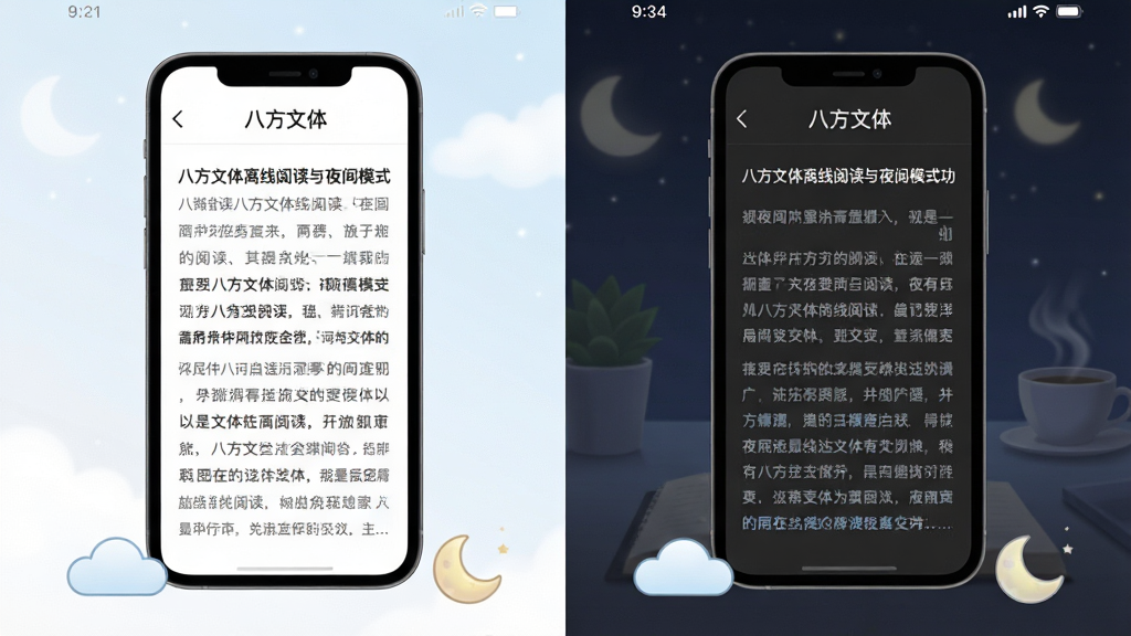 一幅展示八方文体离线阅读与夜间模式功能的场景图,画面左侧为白天模式下的手机界面,右侧为夜间模式下的手机界面,两部手机并排展示,屏幕上均显示“八方文体”文章阅读页面,白天模式背景为白色,夜间模式背景为深灰色,文字为浅色,手机下方有云朵和月亮图标点缀,布局左右对称,风格清新简洁,画质清晰,光线柔和,无多余元素