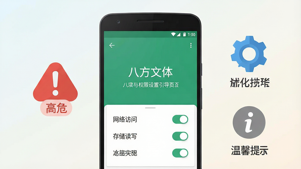 一幅展示八方文体APP安装与权限设置引导页面的示意图,画面中央是一部安卓手机,手机屏幕上显示“八方文体”安装界面,下方有网络访问、存储读写等权限开关按钮,手机旁边有一个红色感叹号图标表示高危提醒,一个蓝色齿轮图标表示优化技巧,一个灰色信息图标表示温馨提示,背景为浅色渐变,布局简洁明了,风格扁平化设计,画质清晰,无多余元素