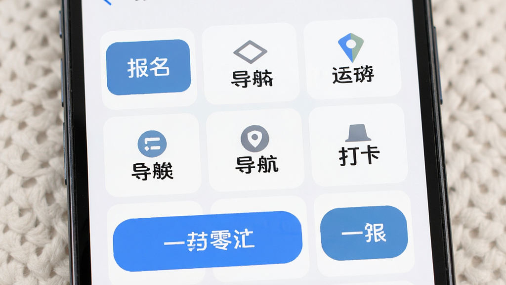 找零工 简洁操作界面展示,主体是手机屏幕显示的大字体大按钮界面,布局为九宫格功能模块,风格为极简适老化设计,细节包含“报名”、“导航”、“打卡”等明显按钮,画质高清,干净,无多余元素
