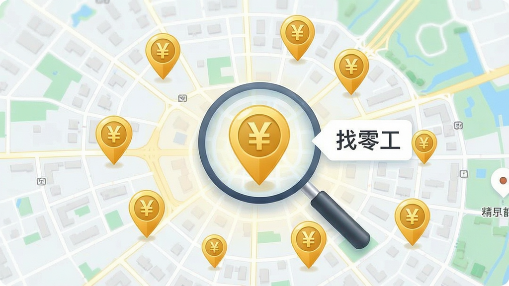 找零工 精准定位功能展示图,主体是一个城市地图俯视图,地图上散布着多个带有人民币符号的金色图钉标记,布局采用中心向外扩散的排版,风格为明亮清新的UI设计风,细节包含一个放大镜正在聚焦其中一个图钉,图钉旁有文字标签“找零工”,画质清晰,干净,无多余元素