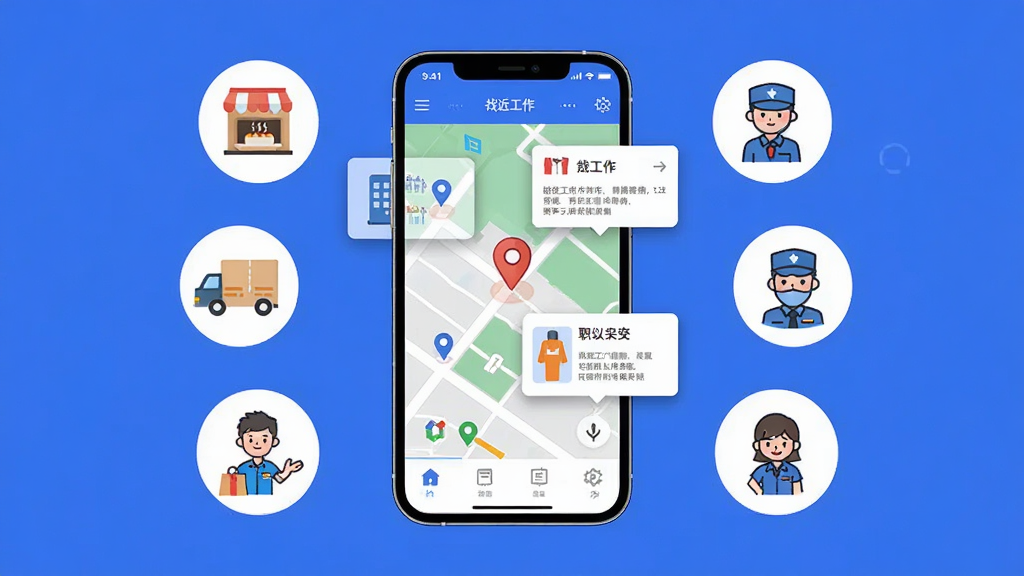 找零工 5.2.3版本 手机APP界面预览图,画面中心是一部智能手机,屏幕上显示着地图定位附近工作的界面,周围环绕着餐饮、快递、保安、促销等不同职业的卡通小人图标,布局清晰,排版居中,风格为现代扁平化科技风,细节包含地图标记点、职位卡片浮窗,画质高清,干净,无多余元素